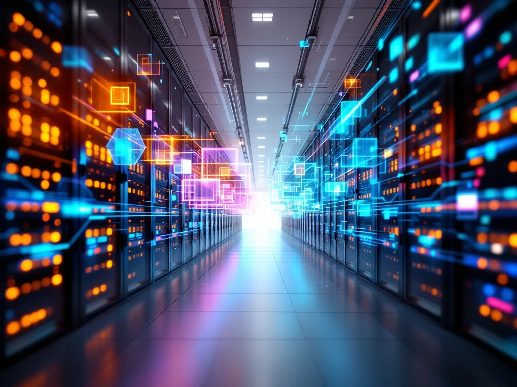 Modern datacenter with glowing server racks in orange and blue lighting, holographic data streams floating above hardware