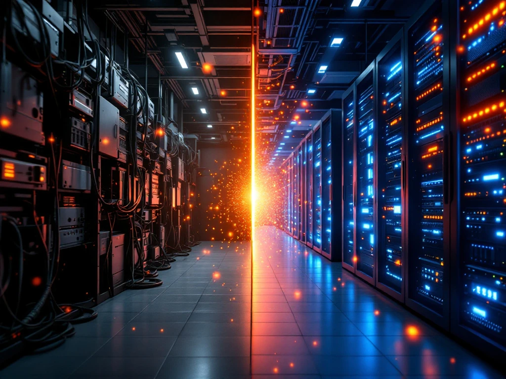 Split-screen comparison of cramped traditional server room with tangled cables versus modern cloud datacenter with organized LED-lit servers
