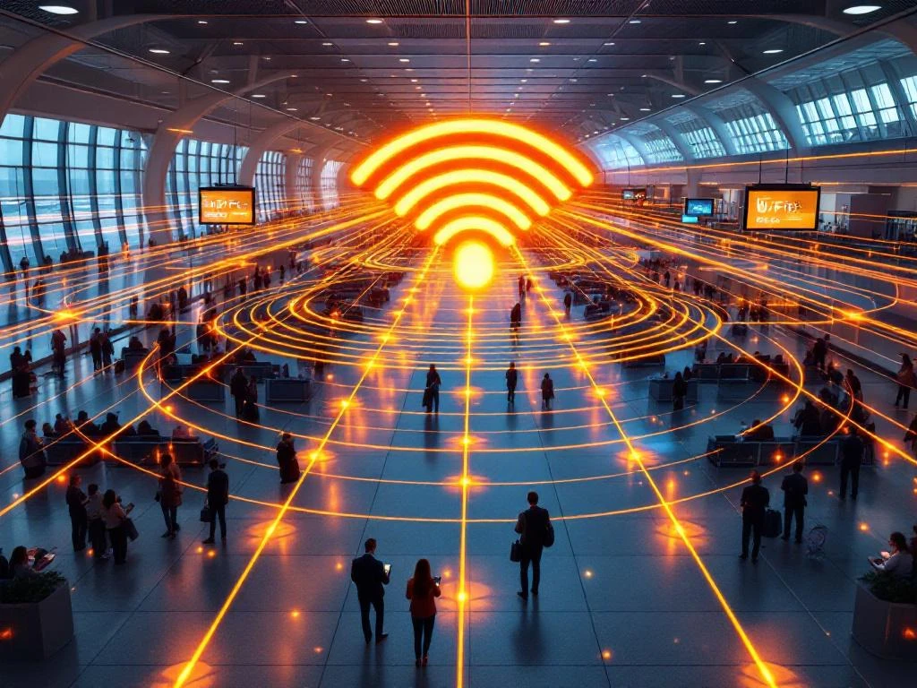 Aerial view of modern airport terminal with glowing orange and blue WiFi signal waves connecting travelers' devices