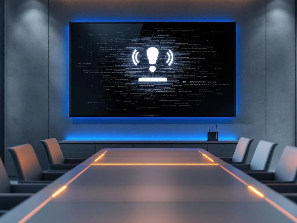 Conference room with large monitor displaying frozen video call and connection error messages, WiFi router visible on side table.