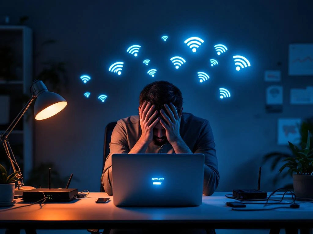 Frustrated office worker with hands on head staring at laptop with loading wheel, surrounded by weak WiFi signals and network cables