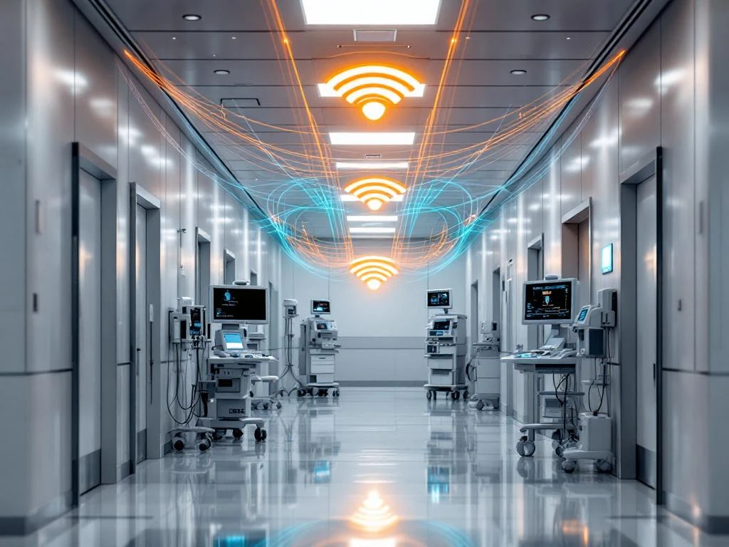 Modern hospital corridor with WiFi access points on ceiling emitting orange and blue wireless signals connecting medical equipment