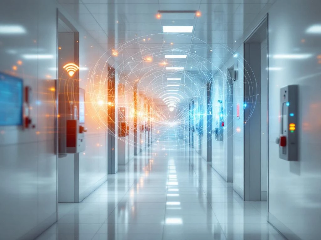 Hospital corridor with visible WiFi signals in orange and blue waves emanating from wall-mounted access points along white walls