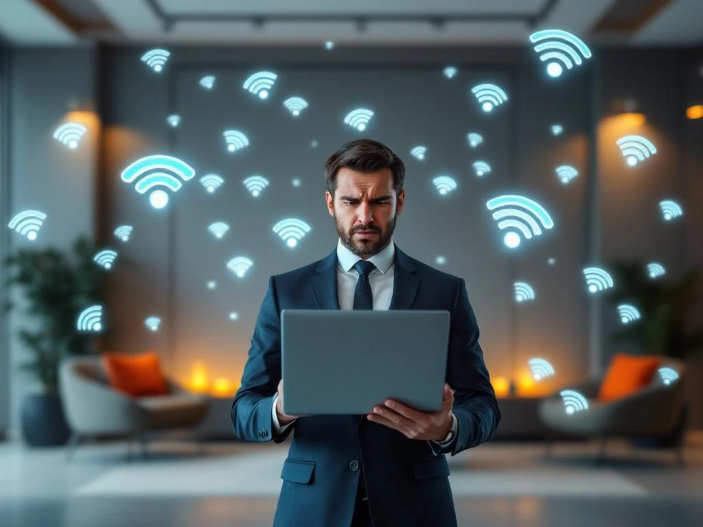 Frustrated businessman holding laptop with weak WiFi signal in modern hotel lobby with inconsistent connectivity indicators