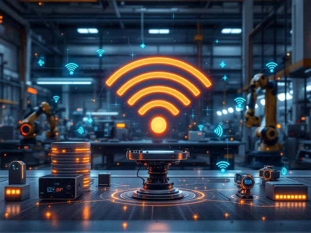 Industrial manufacturing floor with idle robotic machinery and broken wireless signals showing IoT connectivity issues
