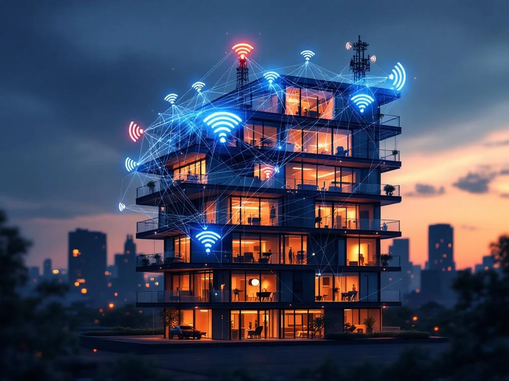 Cross-section of office building with congested WiFi signals overlapping between floors and external towers at twilight