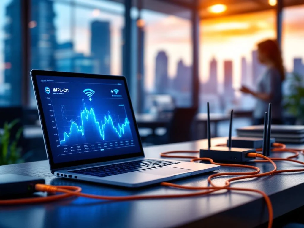 Laptop displaying Wi-Fi heatmap on office desk with network equipment during office relocation setup