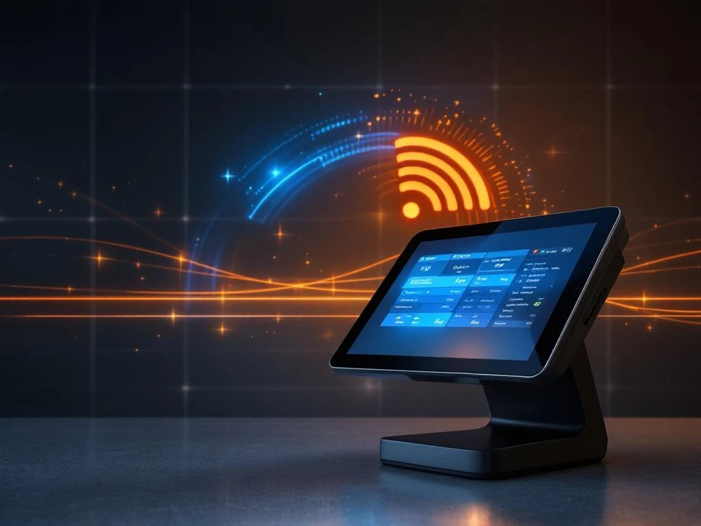 Modern point-of-sale terminal on counter with colorful WiFi signal waves showing wireless connectivity for retail operations