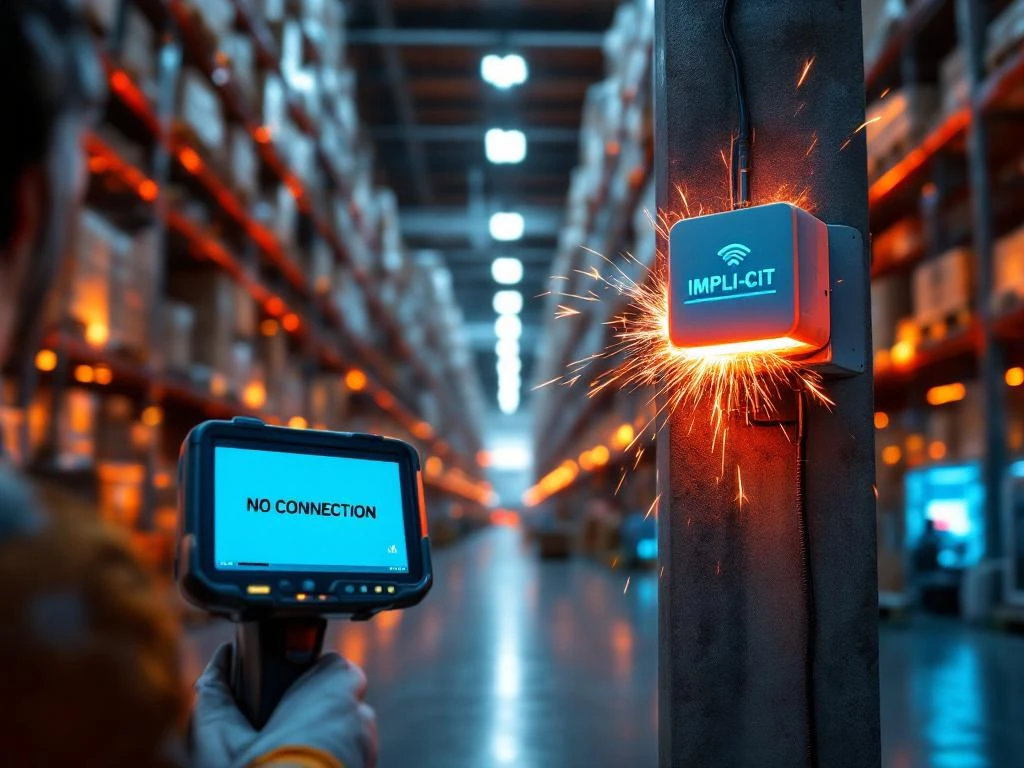 Handheld scanner showing "NO CONNECTION" error in warehouse with red emergency lighting, motionless robots, and damaged WiFi router.