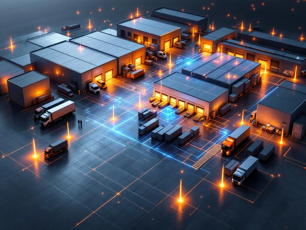 Modern logistics warehouse with loading docks and trucks overlaid with glowing WiFi network signals in orange and blue.