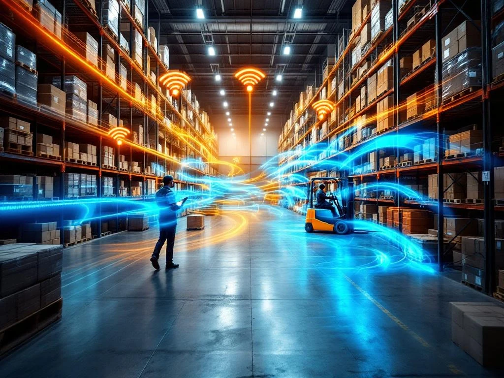 Warehouse workers operating forklifts with tablets while WiFi signal waves in orange and blue show connectivity strength throughout storage racks