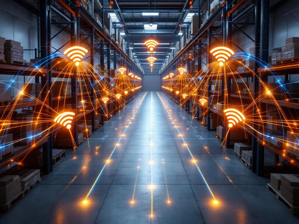 Modern warehouse interior with orange WiFi signals and blue data connections creating network visualization overlay