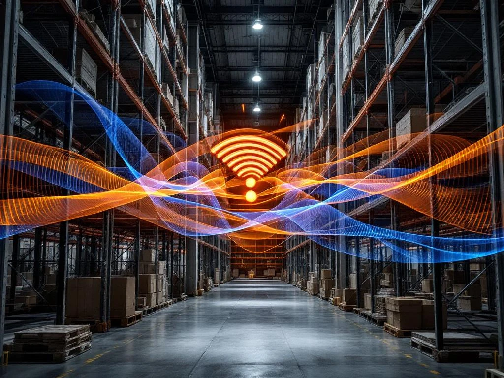 Industrial warehouse with metal shelving and disrupted WiFi signals shown as orange and blue waves navigating obstacles.