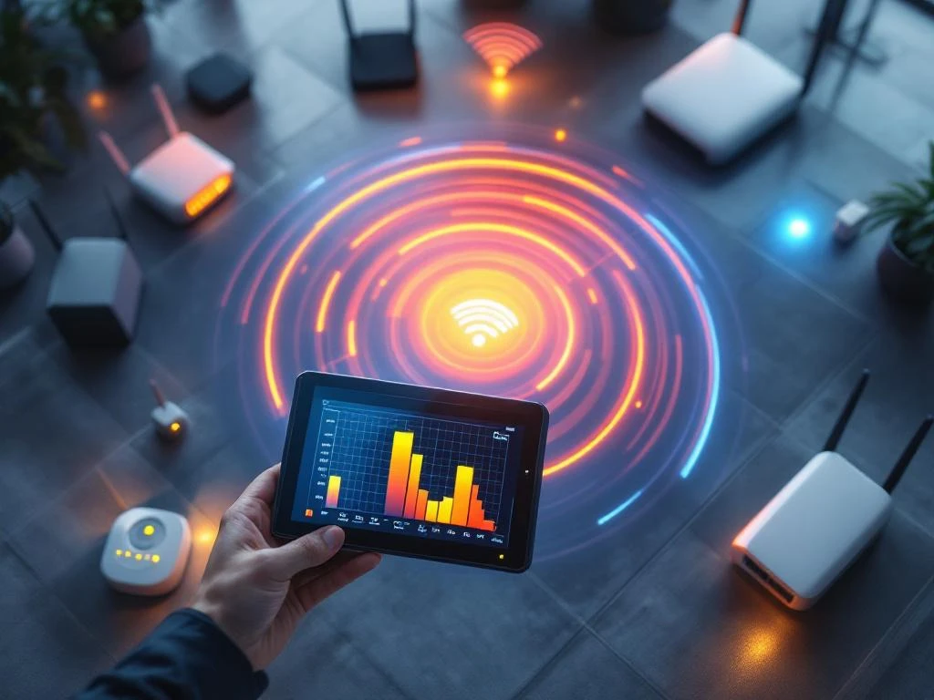 Technician using WiFi analyzer device showing signal strength heatmaps in modern office with wireless routers and access points