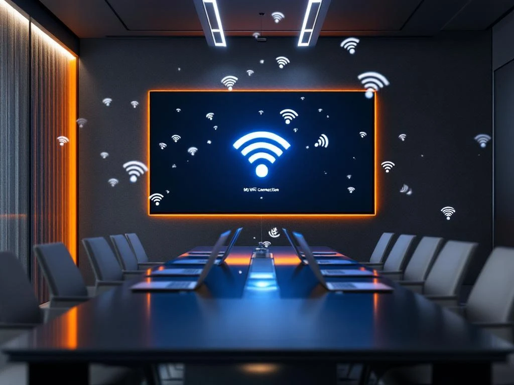 Conference room with large screen showing WiFi connection error, laptops on table experiencing connectivity issues, orange and blue lighting