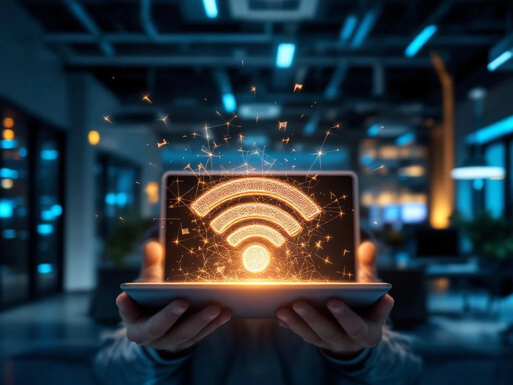 Frustrated worker holds laptop with flickering WiFi signal bars in modern office with visible network access points overhead