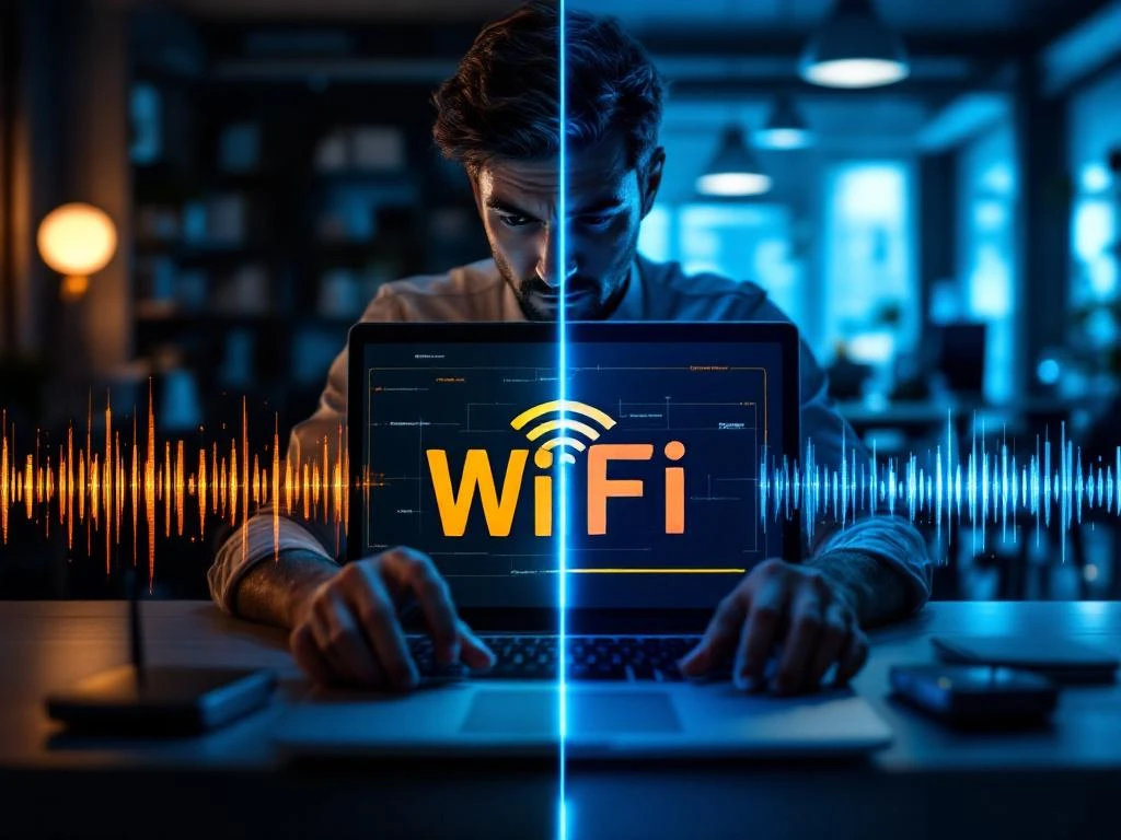 Employee gripping laptop in split-screen showing weak WiFi connection versus strong signal in bright workspace