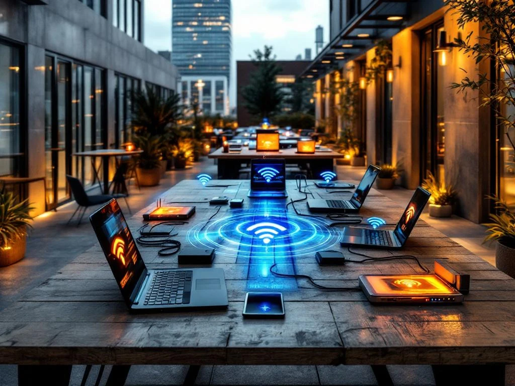 Outdoor office workspace with laptops showing weak WiFi signals, wireless routers, and network equipment on wooden tables
