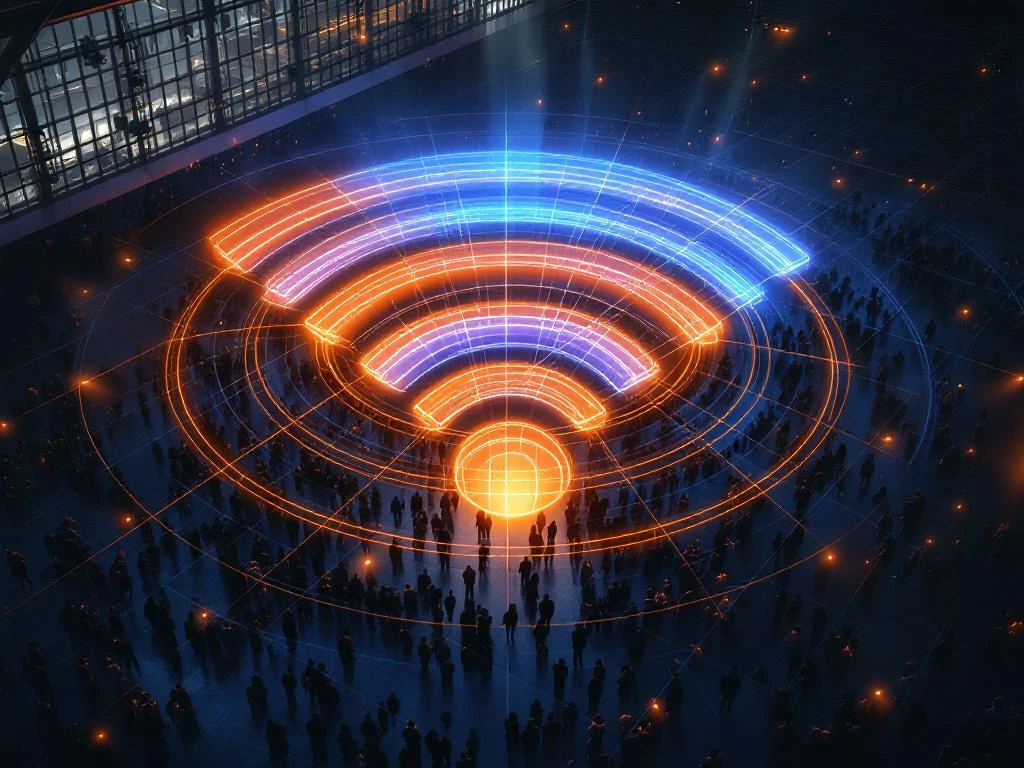 Aerial view of modern glass-roofed event venue with colorful WiFi signal waves showing wireless coverage zones and dead spots.
