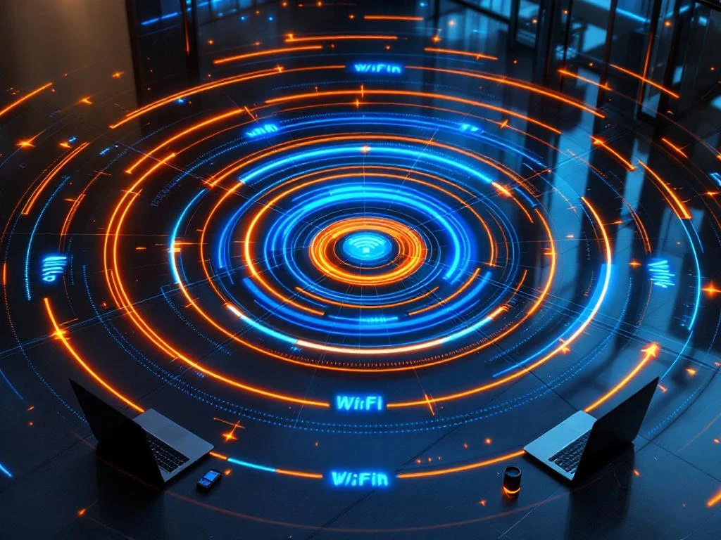 Aerial view of modern office building with glowing orange and blue WiFi signal waves radiating outward, surveying equipment visible.