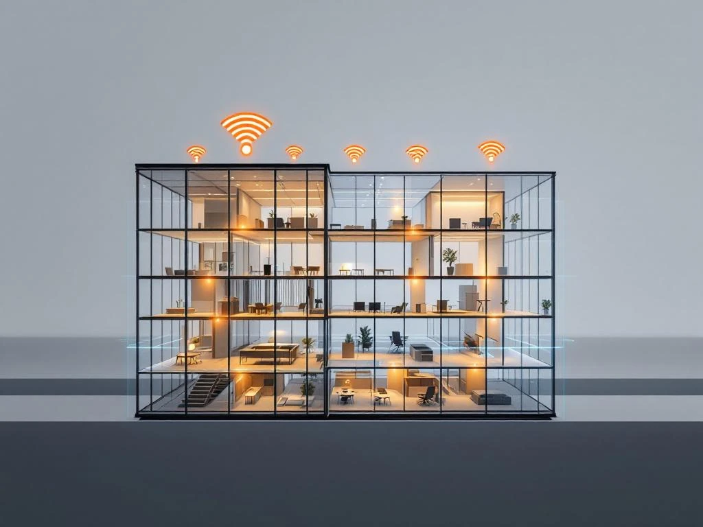 Cross-section of modern office building showing WiFi network coverage with orange signal waves and blue connectivity lines