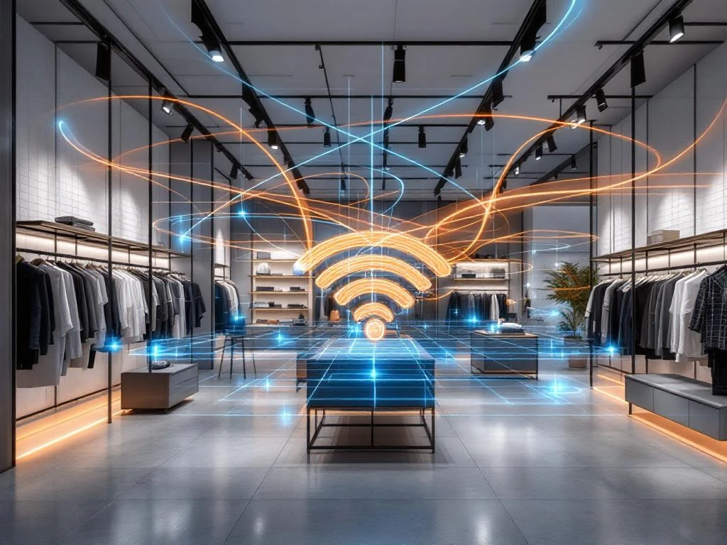 Modern retail store interior showing WiFi coverage visualization with orange and blue signal waves from ceiling access points across clothing displays
