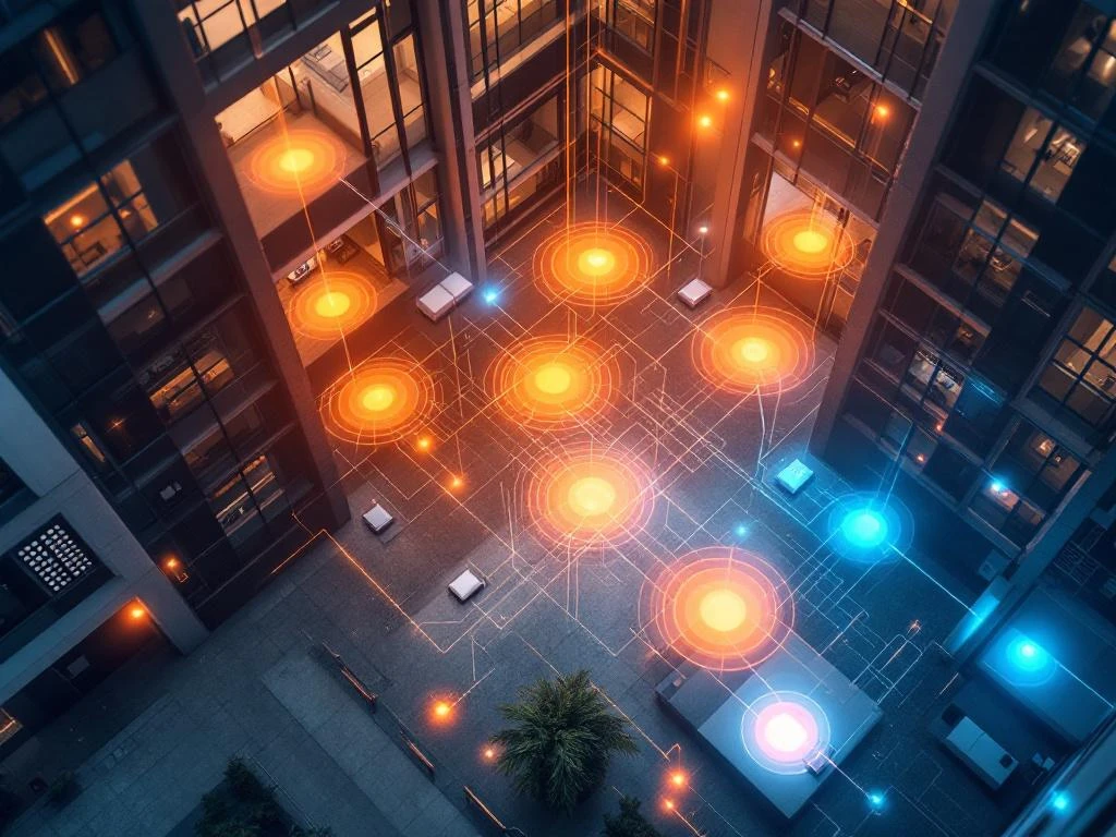 WiFi heat map overlay on modern office building showing signal strength zones in orange and blue with wireless access points