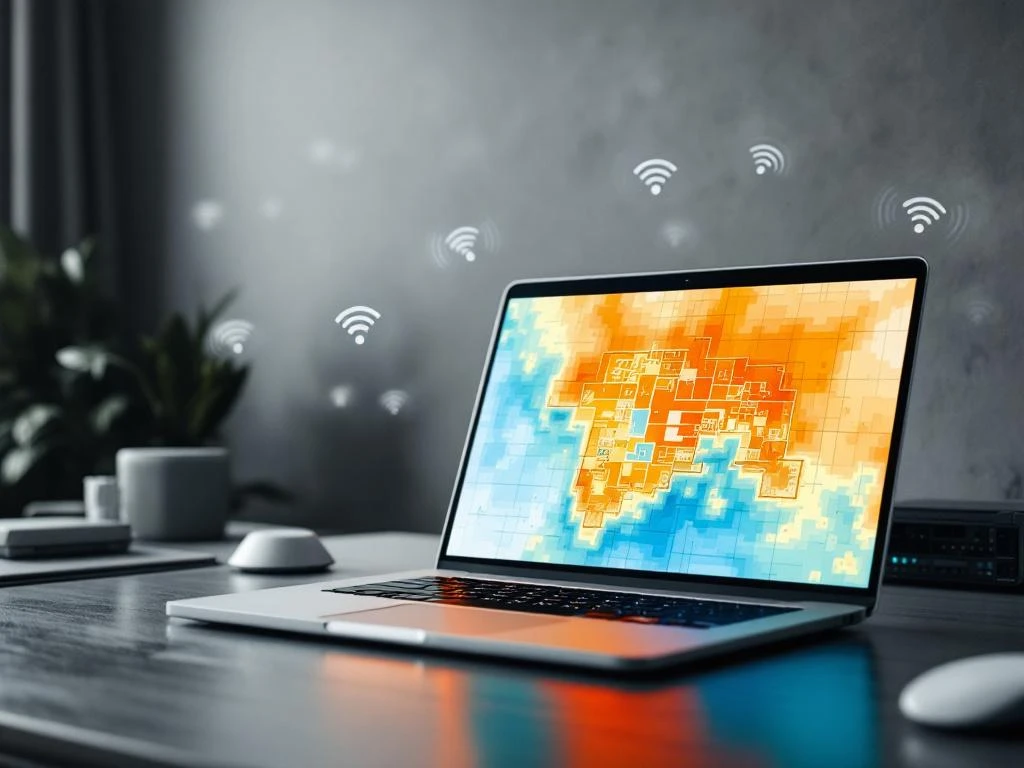Laptop displaying WiFi heatmap with orange and blue signal strength zones on building floor plan in modern office
