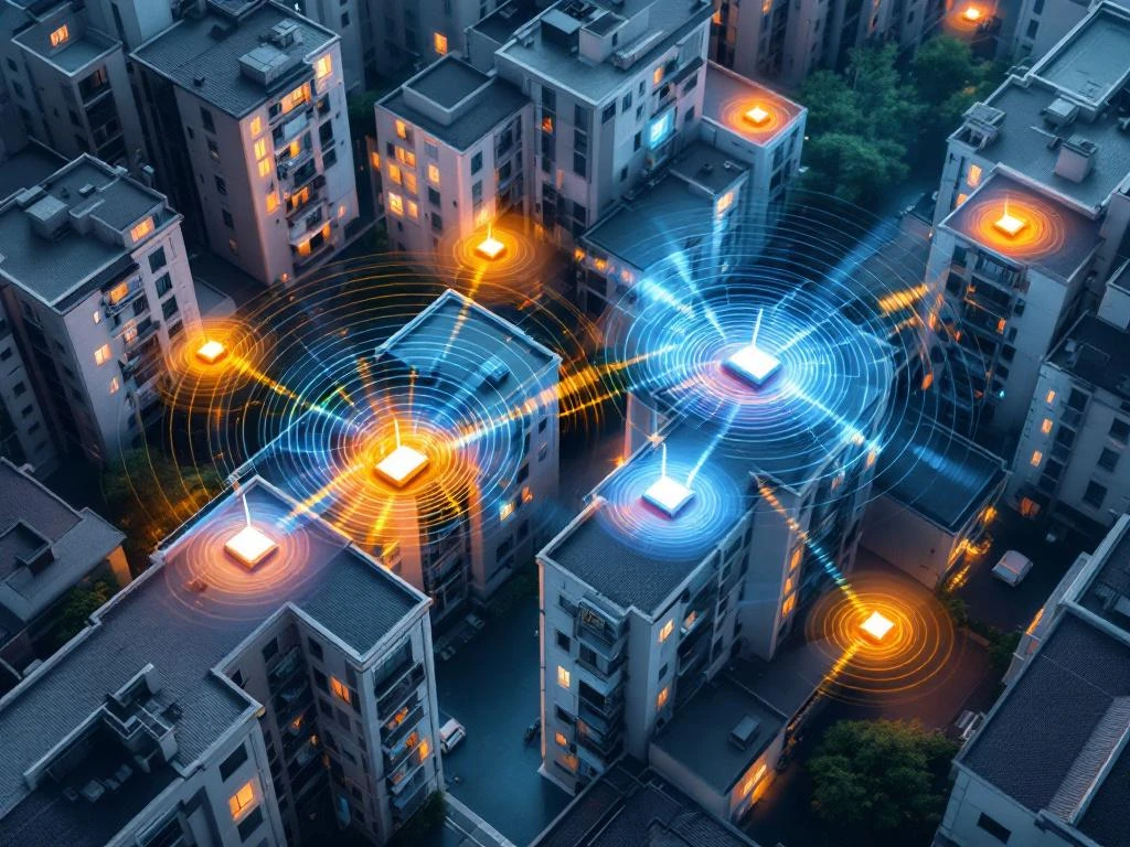 Aerial view of WiFi routers in apartment units with overlapping orange and blue electromagnetic interference waves