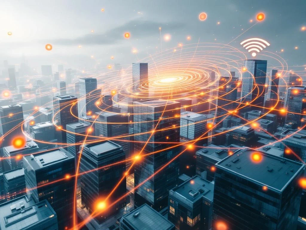 Aerial view of modern glass office buildings with overlapping orange and blue WiFi signal waves showing network interference patterns above business park