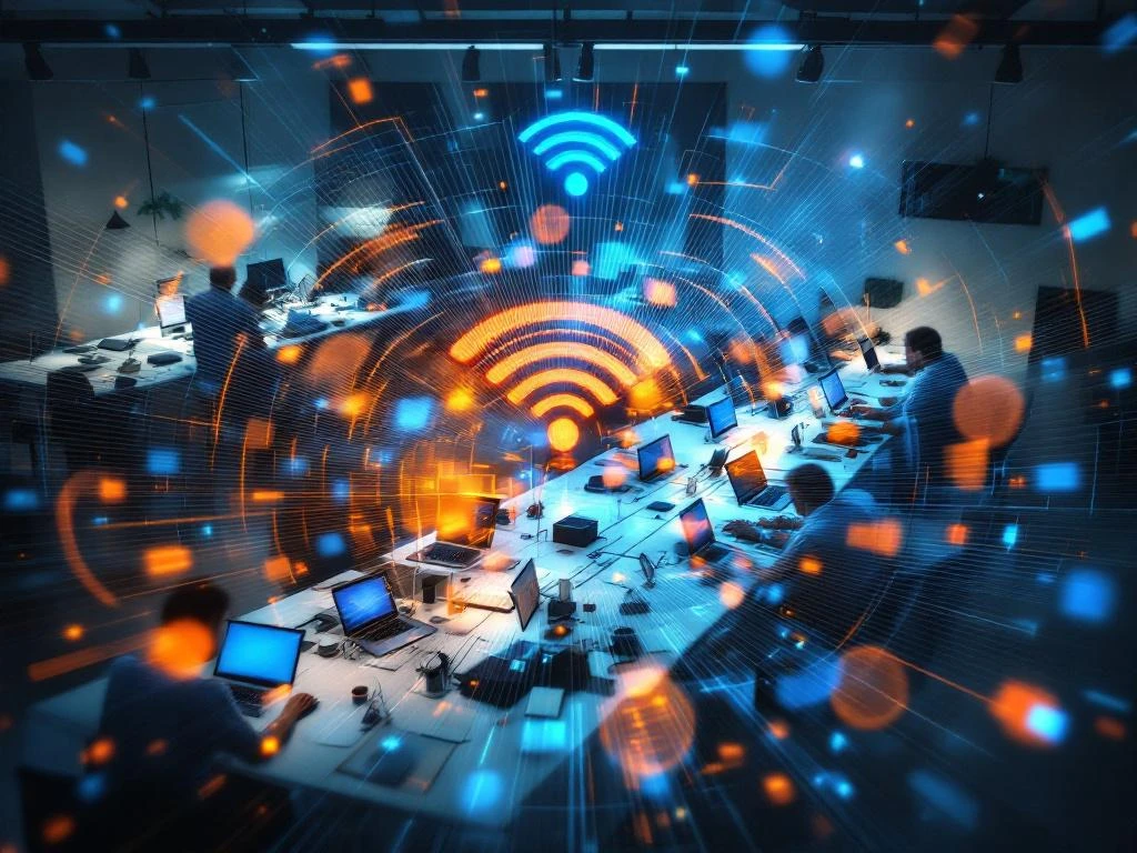Modern office workers at desks with laptops showing WiFi signal interference patterns in orange and blue across crowded workspace