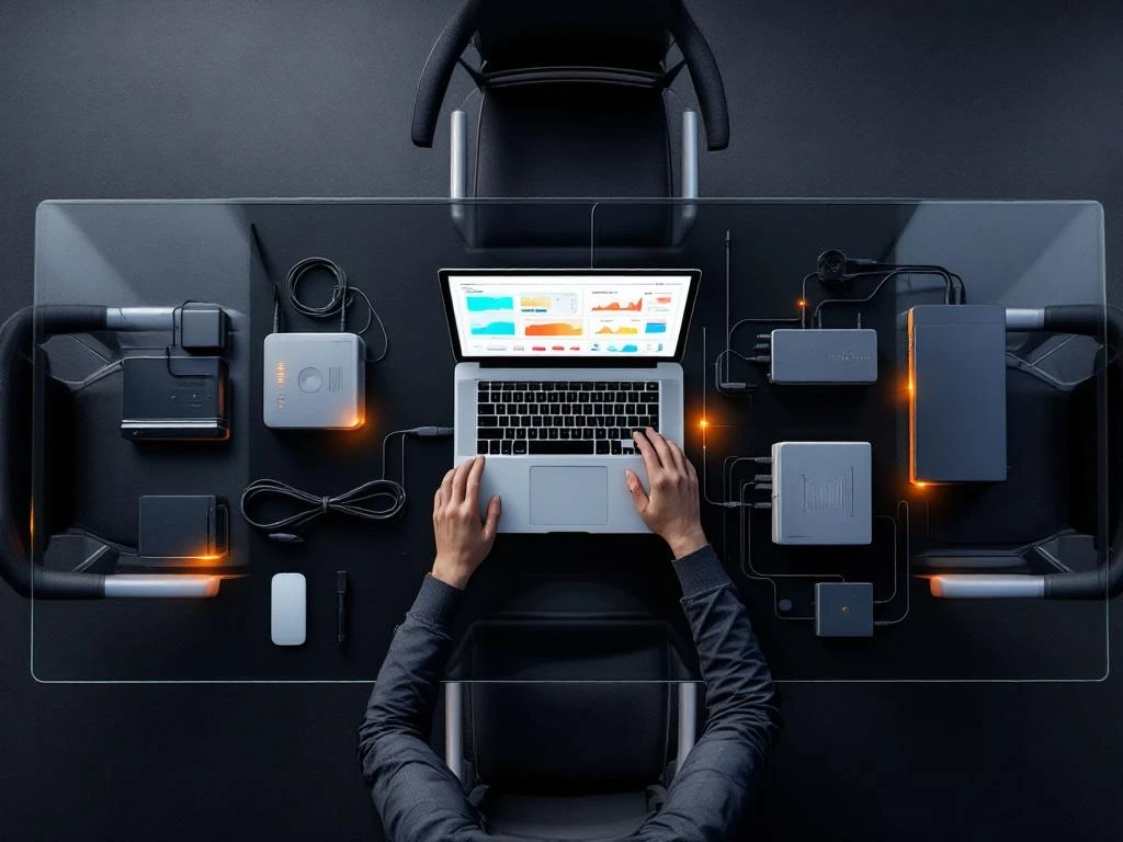 Laptop displaying WiFi heatmaps and network analysis charts on glass conference table surrounded by wireless routers with LED lights.
