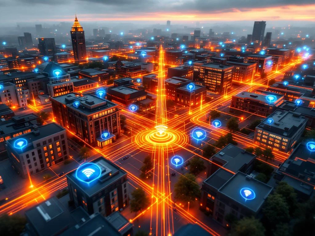 Aerial view of modern university campus with glowing orange and blue WiFi network visualization connecting buildings