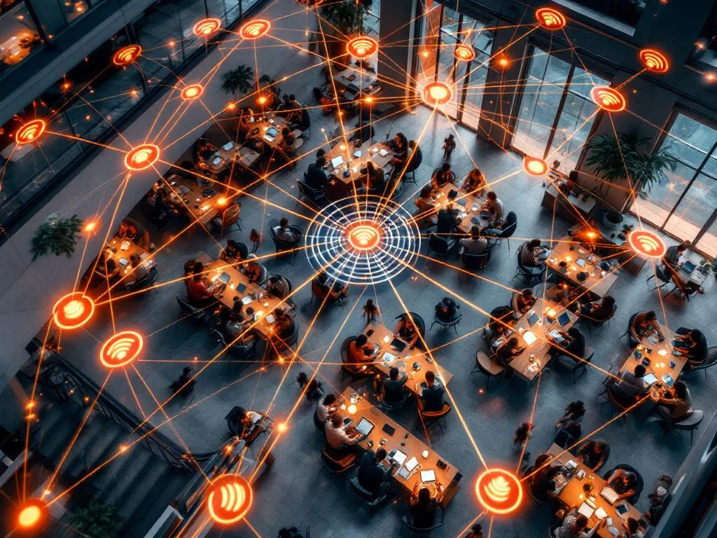 Aerial view of modern coworking space with people on laptops, showing WiFi network visualization as glowing signal waves