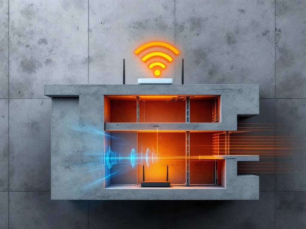 Cross-section of concrete building showing WiFi signals blocked by walls, creating dead zones in blue and orange signal waves.
