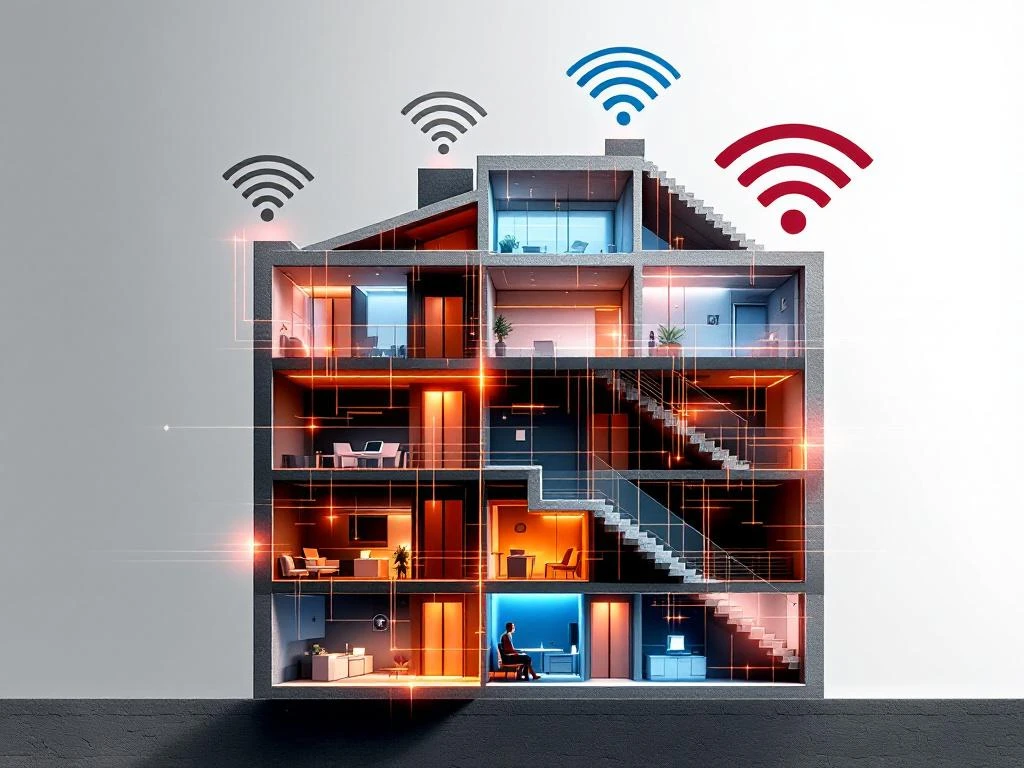 Cross-section of office building showing WiFi signal waves in orange and blue blocked by elevator shafts and stairwells