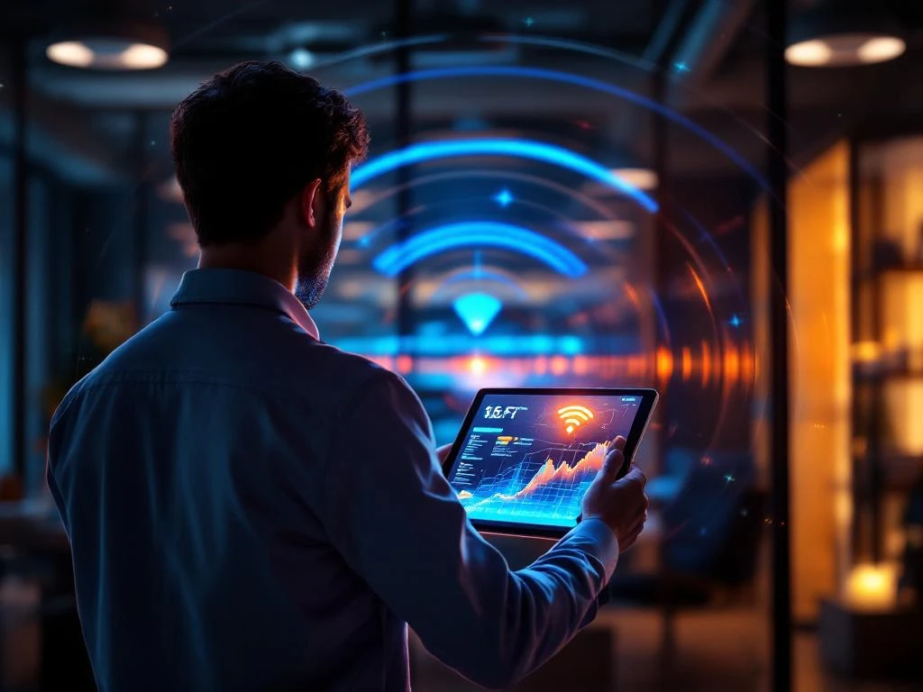 IT technician holding tablet showing WiFi heatmaps in modern office with colorful signal waves and wireless access points