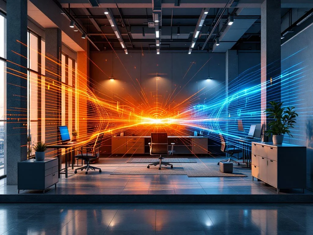WiFi signal interference visualization in modern office with orange and blue waves clashing between devices and obstacles
