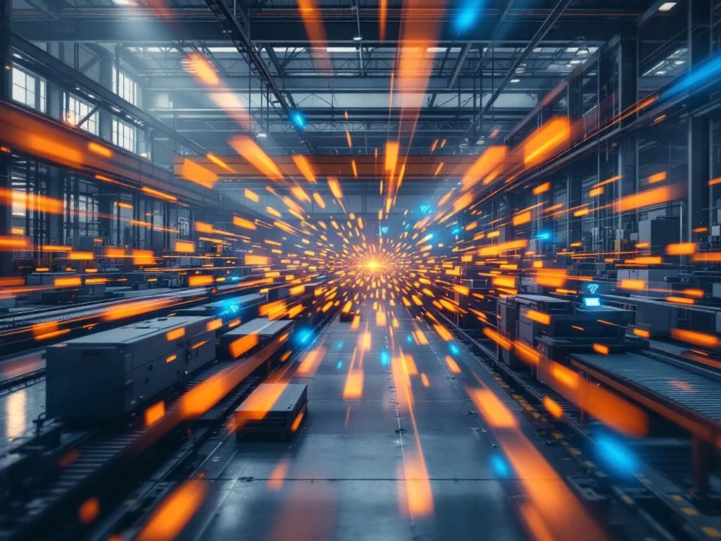 Manufacturing floor with industrial machinery and conveyor belts overlaid with orange and blue WiFi signal visualizations and wireless connectivity indicators.