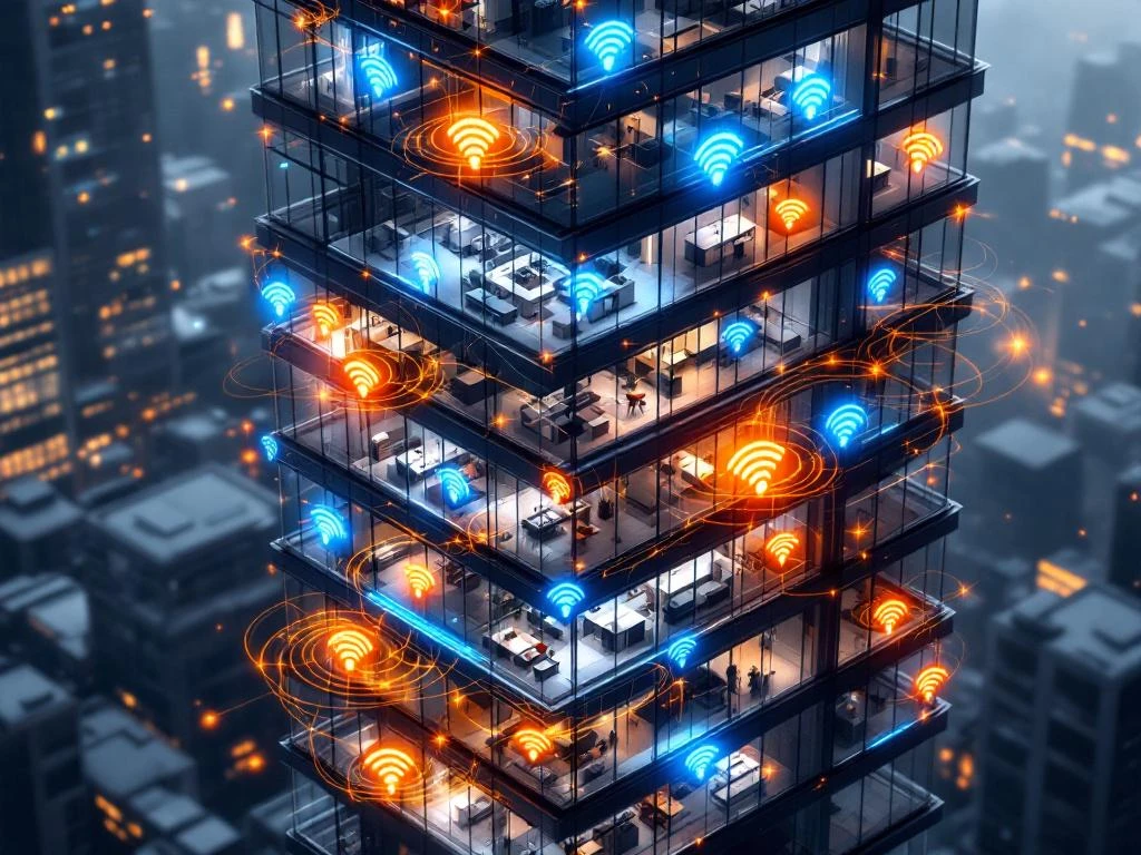 Modern office building with glowing WiFi signals and connection nodes showing network coverage across multiple floors