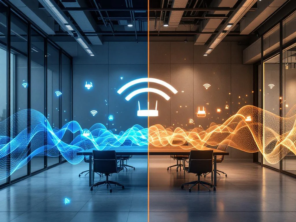 Split-screen meeting rooms comparing strong WiFi signals in glass-walled office versus weak signals in concrete room