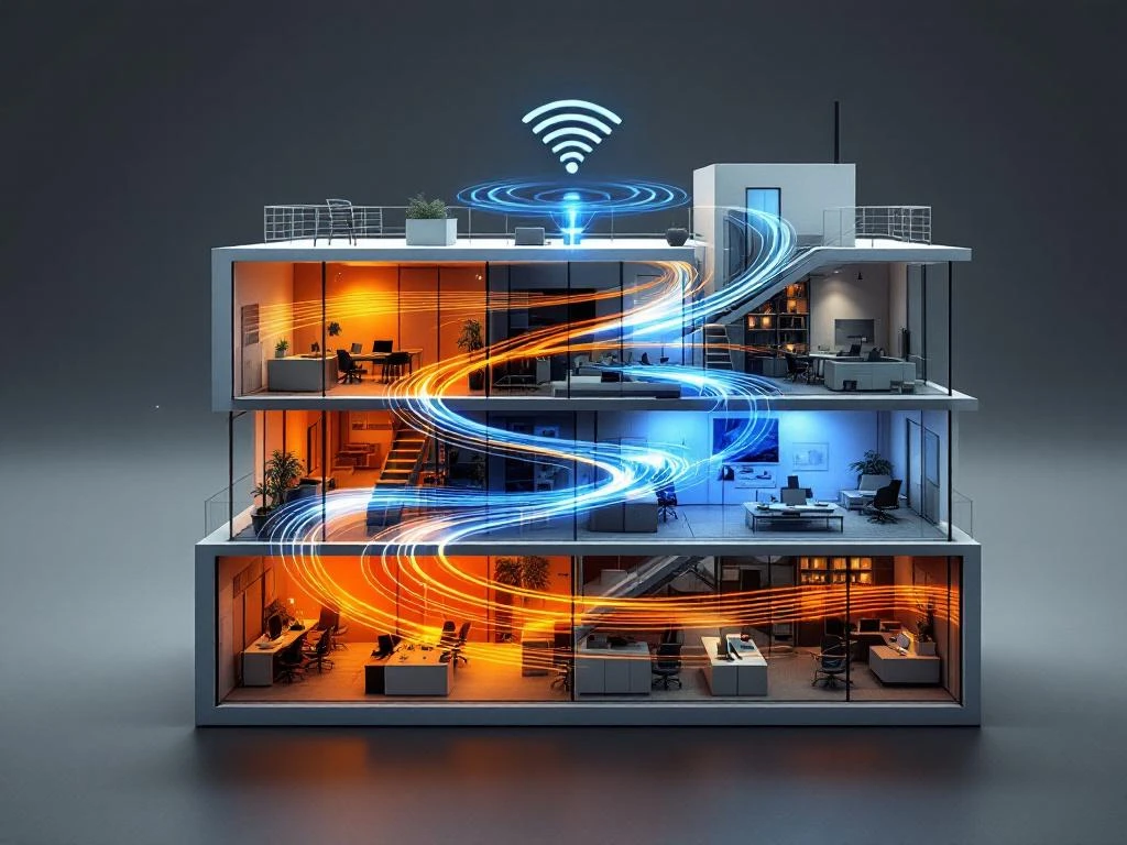 Modern office building cutaway showing WiFi signal strength with orange and blue waves, highlighting dead zones in gray areas across multiple floors.