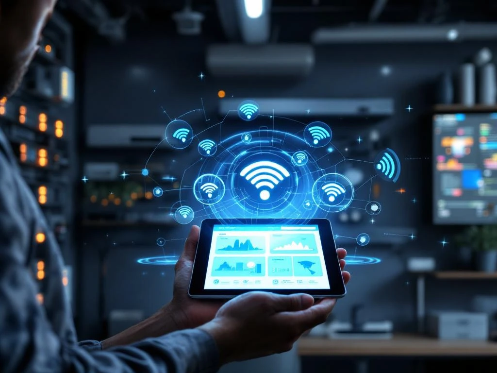 IT technician in modern office holding tablet displaying WiFi signal strength and heat maps with networking equipment