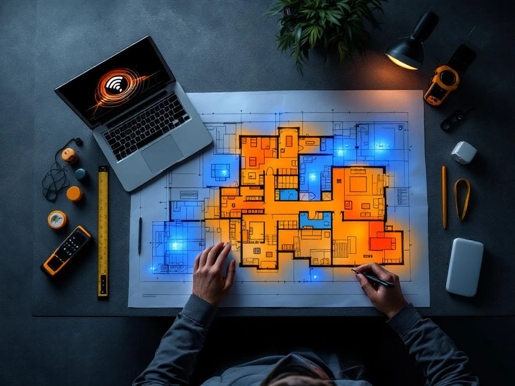 WiFi network planning setup with building blueprint, signal strength meter, laptop showing coverage heatmaps, and wireless equipment on desk