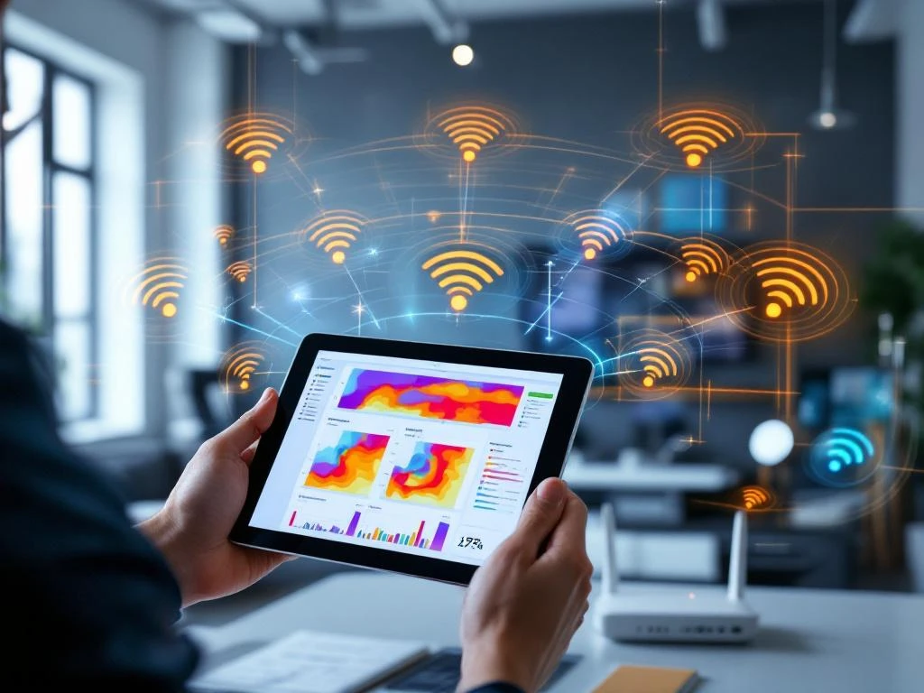 Technician holding tablet displaying WiFi signal heatmaps during network site survey in modern office with routers