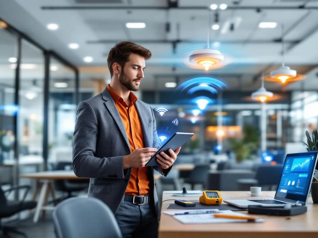 IT technician conducting WiFi site survey in modern office, holding tablet with wireless signal heatmaps and network analysis tools