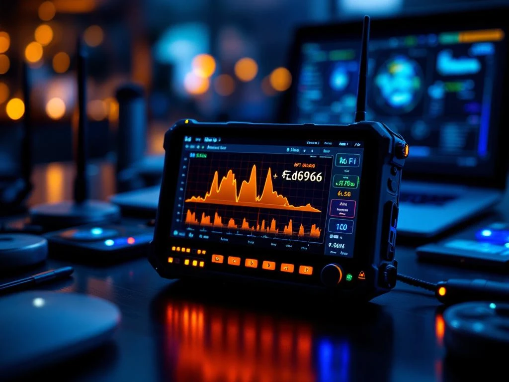 Professional WiFi analyzer device with orange signal strength display surrounded by network survey equipment on dark surface