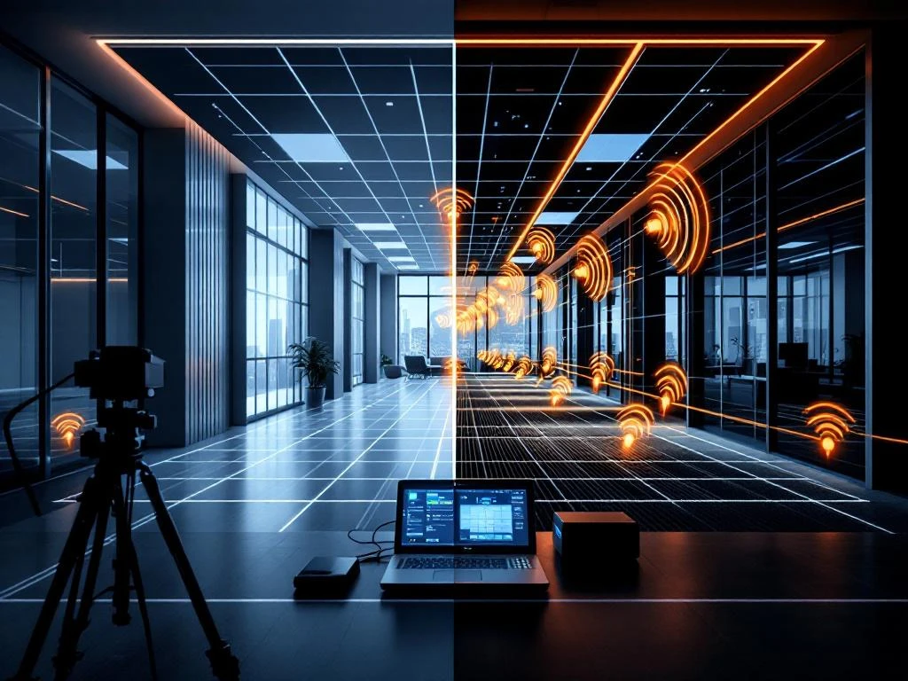 WiFi survey split-screen: empty office with blue grid overlay for planning phase, same space with orange wireless signals from access points.