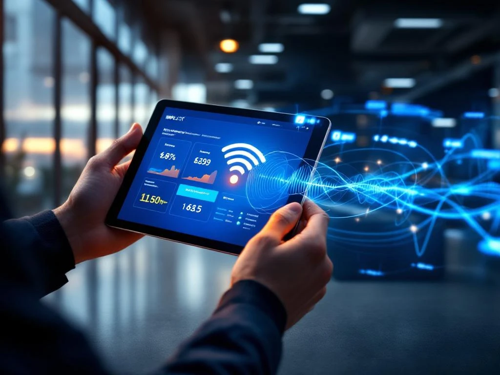 IT technician holding tablet showing WiFi signal indicators next to modern office with wireless access points and signal waves