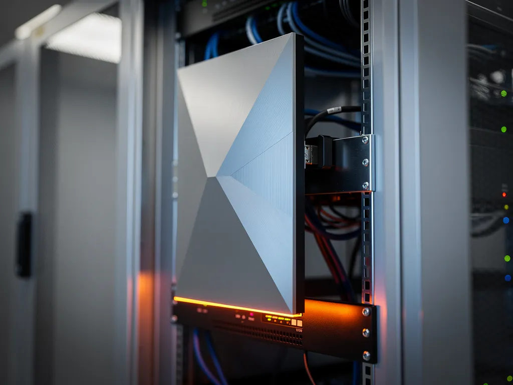 Directional WiFi antenna with angular panels mounted on server rack in data center with orange LED indicators and blue light reflections